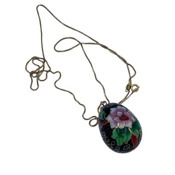 Vintage black Cloisonné black Easter egg shape long gold Sterling silver chain - Picture 3 of 13